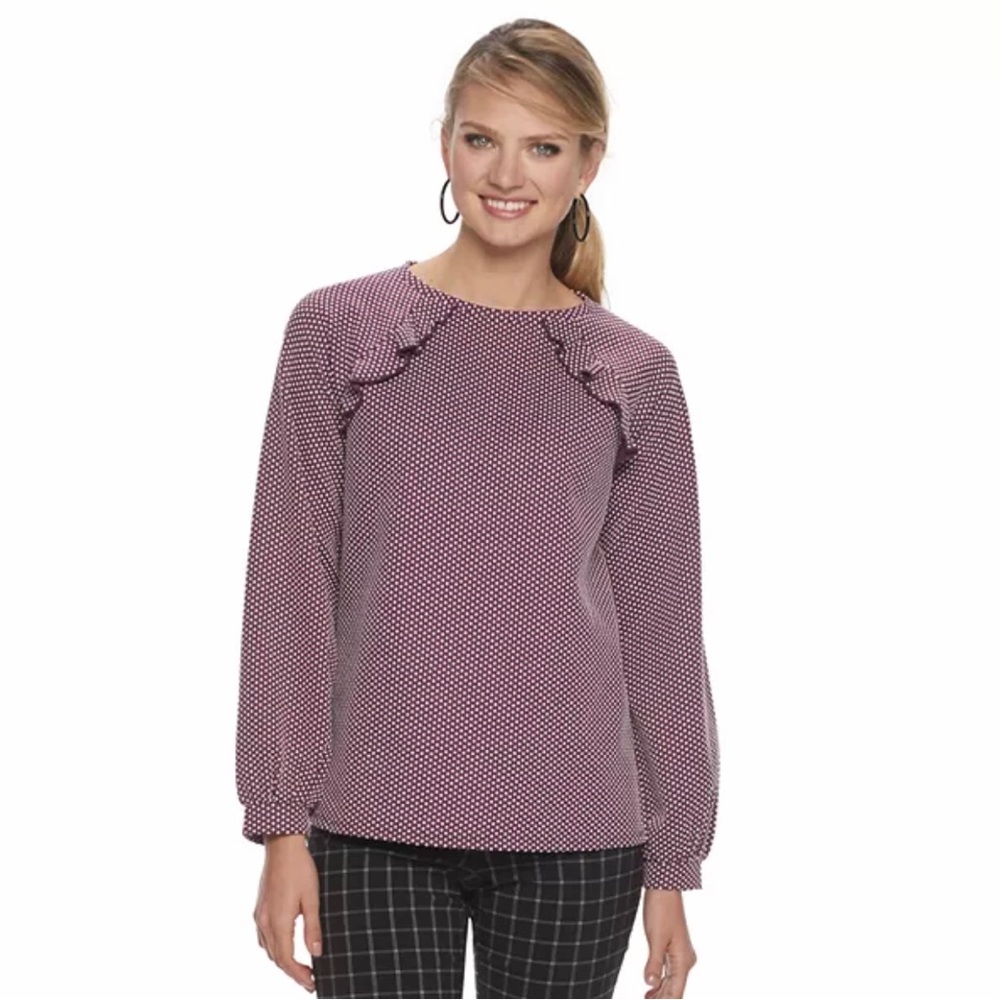 Elle Purple white Polka Dot Ruffle Long Sleeve Blouse size‎ Medium